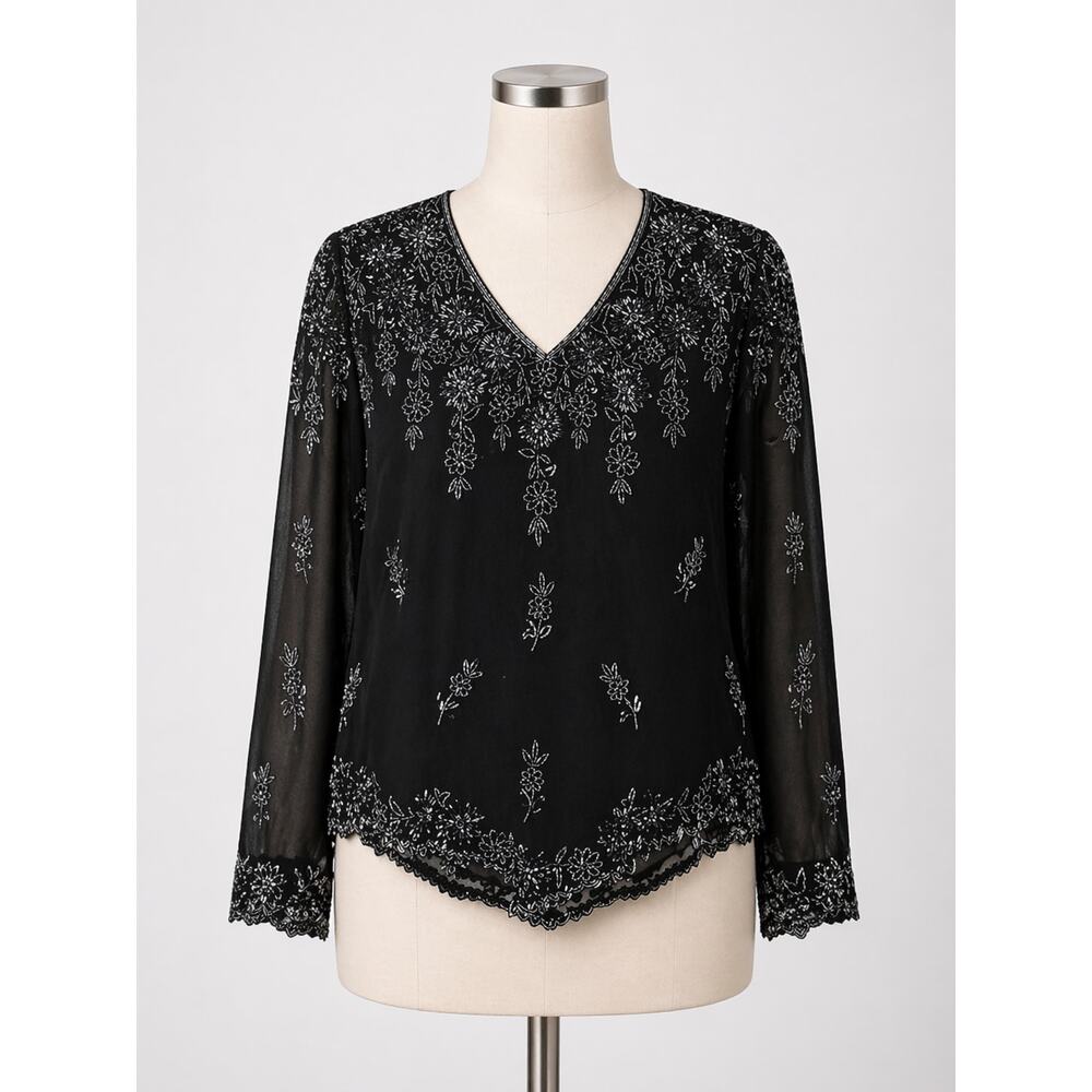 Vintage Sequin Top Black Beaded Florals 6